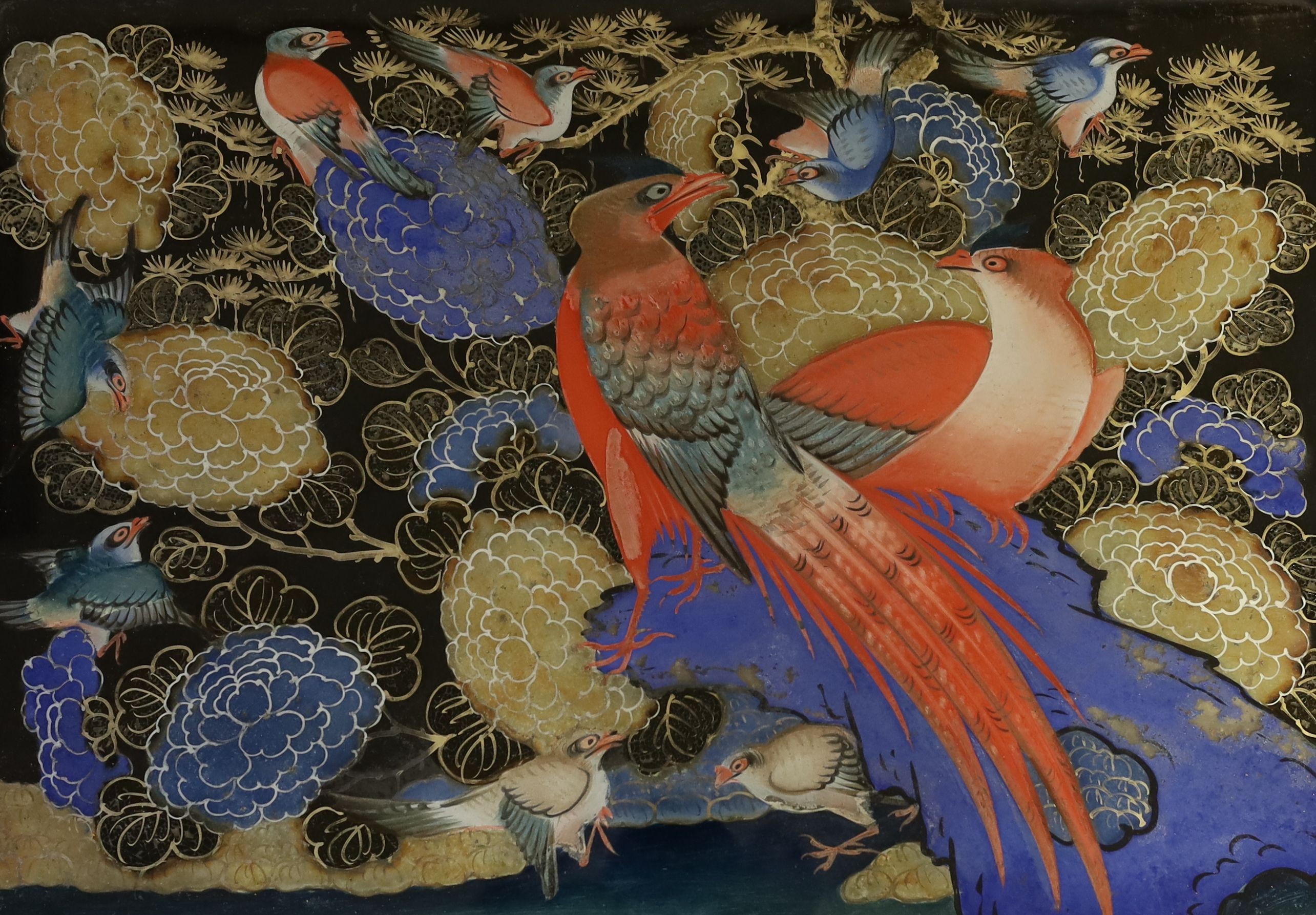 An unusual Korean reverse painted glass picture, 19th century, decorated with colourful birds amid flowers on a black ground, in original lacquered wood frame, 35 x 50cm